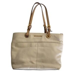 Michael Kors Bedford Pebbled Leather Tote Bag Cream Tan Gold Hardware Hand Bag